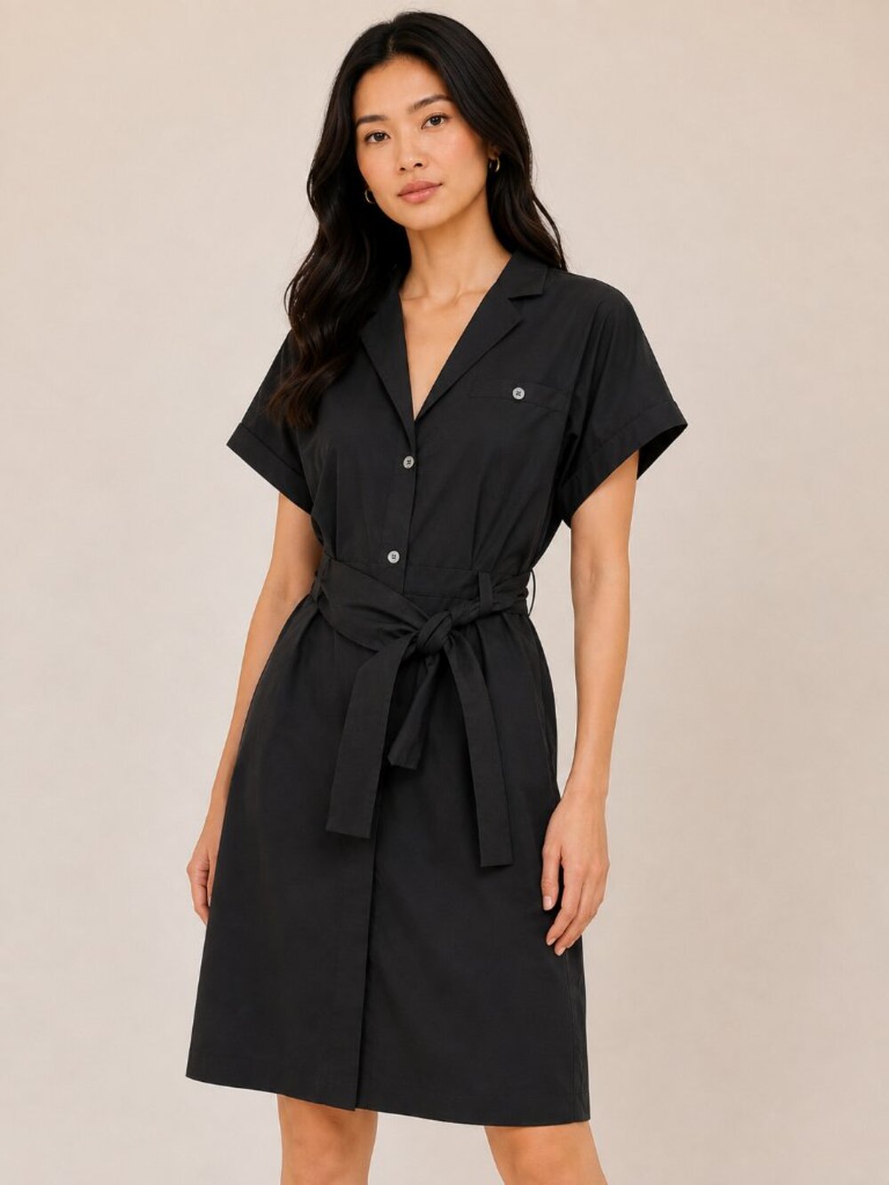 Theory Black Belted Shirt Dress Size 2 Short Sleeve Button Front 0767